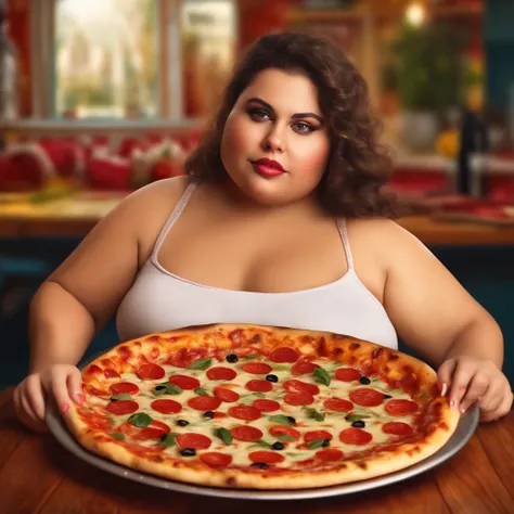 Retrato realista, High resolution very fat woman, obesa, alegre, Shy, olhando para visualizador, comendo pizza