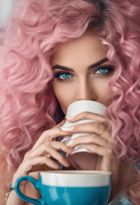 A woman, long curly hair, pink hair, blue eyes, drinking coffee