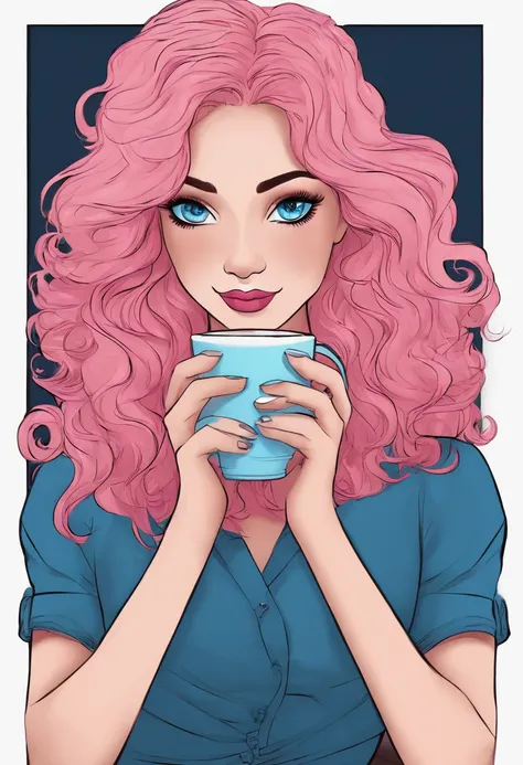 A woman, long curly hair, pink hair, blue eyes, drinking coffee