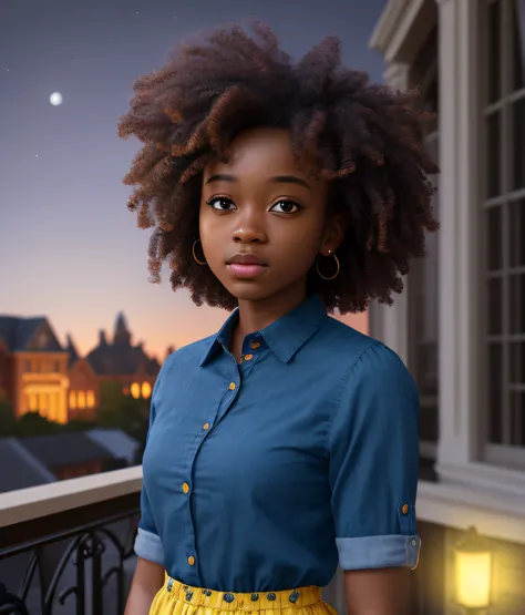 Ultra-realistic,  realistic 20 year old girl alone, 4k, professional photo, black girl, girl is on the balcony of a brown mansion, big curly hair, HDR, detailed face, medium body, yellow skirt with flower, (open blue shirt), Masterpiece, (lighting), (1solo...