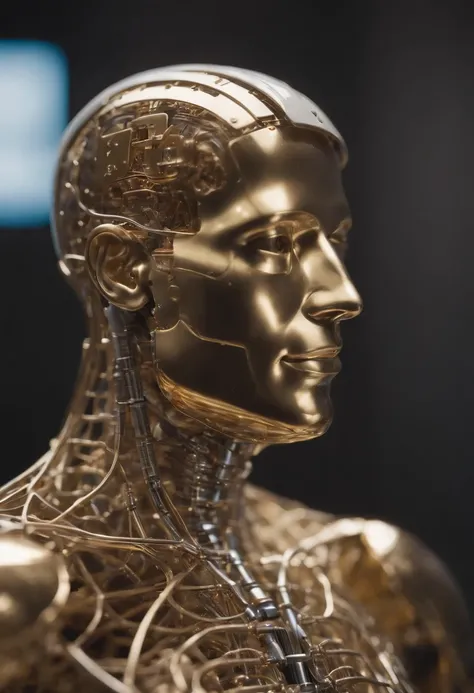 Imagine a golden cybernetic man with a transparent body that allows you to see the internal organs, His head displays a machine in place of his brain with the iconic Bitcoin symbol. He is sitting in the middle of a computer network and writes bitcoin crypt...