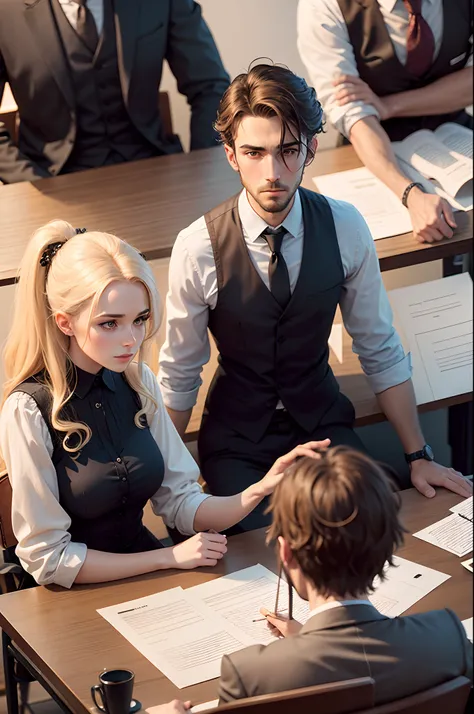 Several people sitting around a table with a man making a presentation, an archival photo by Harold von Schmidt, Shutterstock, Art visuel, File photo, Illustration tendance, Business meeting, in a meeting room, archive image, Meilleur sur Adobe Stock, pose...