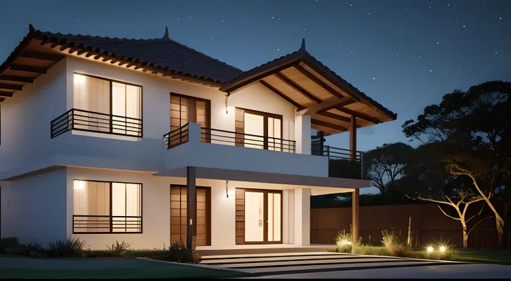 Casa grande no campo, vista externa frontal, (a floor), ((estilo moderno)), no meio da floresta, rodeada de campo gramado, melhor qualidade, Lumion Pro rendering, night ligthning, cinematic quality.