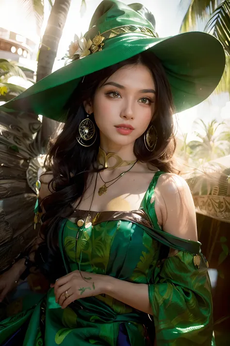 araffe woman in green dress and hat leaning against a palm tree, estilo ivan talavera e artgerm, mulher mexicana bonita, modelo ...