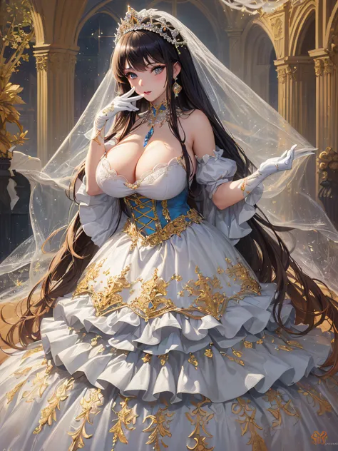 ((anime artstyle)),(Masterpiece),(Best Quality), (Super Detail),((Very Delicate and Beautiful)),cinematic lighting,1 girl,((full body portrait)),((standing in garden)),((solo)),(((1 fairytale princess in gorgeous embroidery and jeweled extremely gorgeous c...