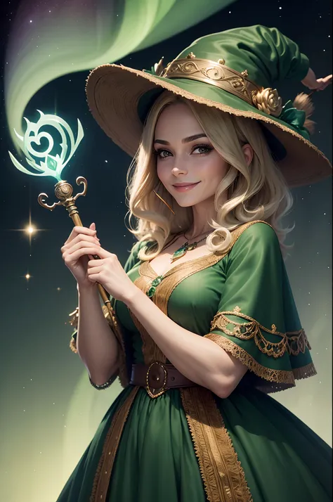 Mulher, cabelos loiro com mexas marrom, corte chanel liso, 40 year old wearing a green witch hat and dress style "once upon a time" Holding a magic wand and smiling, perto da aurora boreal.