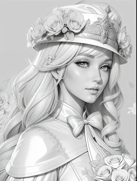 illustration coloring page of cute and adorable Carmen Sandiego, white hair, wear a princess dress, highly detailed hair, face happiness, clean line art, highly detailed, art station, wearing the flora crown, concept art, sharp focus, illustration, beautif...