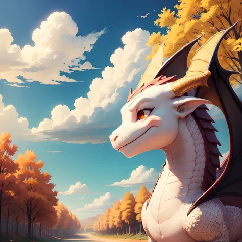 Cute Dragon、a smile、gentle face、autumnal、illustratio、sunny sky、Bright landscape