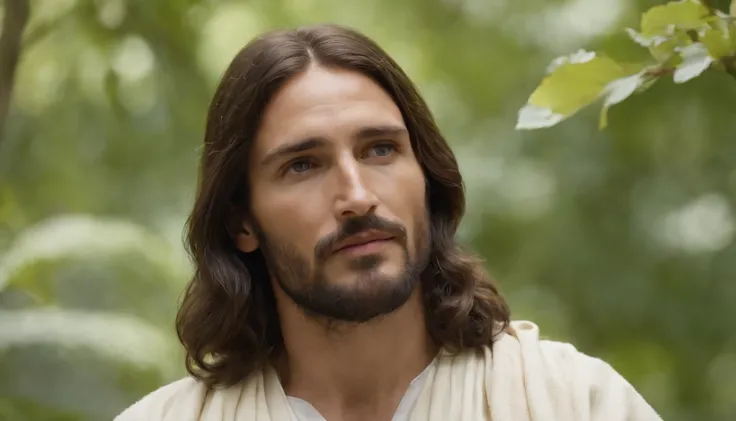 Jesus Christ meditating with his eyes closed in a paradisiacal grove, with leafy trees, flores e um riacho calmo fluindo, e a luz do sol iluminando o ambiente com seus raios divinos