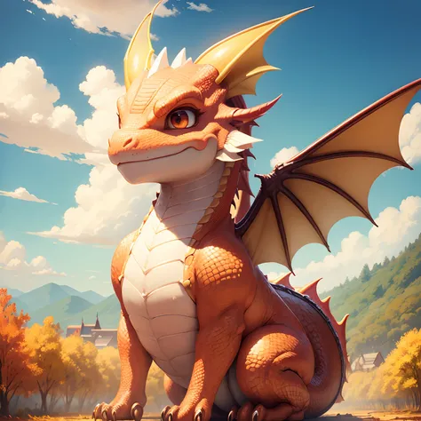 Cute Dragon、a smile、gentle face、autumnal、illustratio、sunny sky、Bright landscape