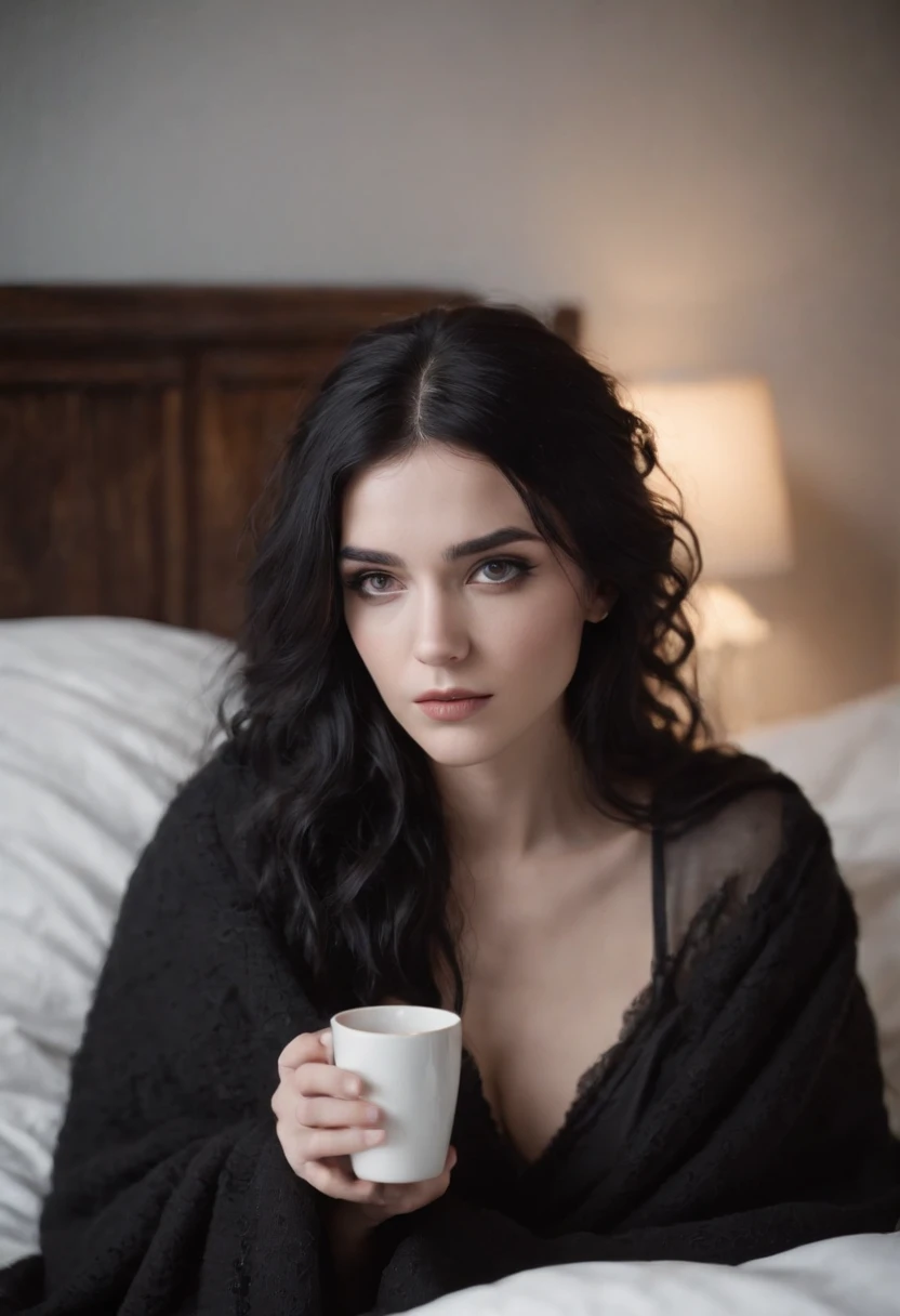 Goth girl waking up in bed, messy hair, black hair, soft skin, no tattoos, drinking coffee, covered in blanket, nude.