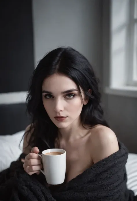 Goth girl waking up in bed, messy hair, black hair, soft skin, no tattoos, drinking coffee, covered in blanket, nude.