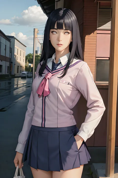 masterpiece, hinata(boruto), 1girl, solo, young female, ((((high school uniform)))), (high School), outdoors, looking at viewer, cloudy sky, perfect composition, detailed lips, school building, big breast, beautiful face, body propotion, blush, (pink lips)...