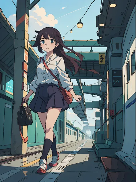 anime girl with long hair walking on a train platform, kantai collection style, railgun, konpeki no kantai, kantai collection arcade, kancolle, makoto shinkai style, anime visual of a cute girl, makoto shinkai art style, beautiful anime high school girl, a...