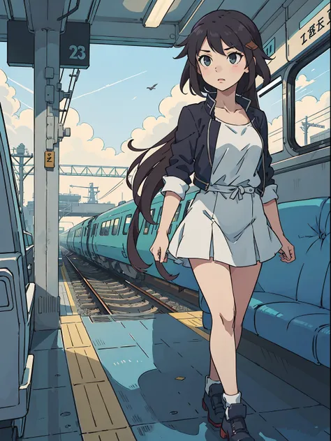 anime girl with long hair walking on a train platform, kantai collection style, railgun, konpeki no kantai, kantai collection arcade, kancolle, makoto shinkai style, anime visual of a cute girl, makoto shinkai art style, beautiful anime high school girl, a...