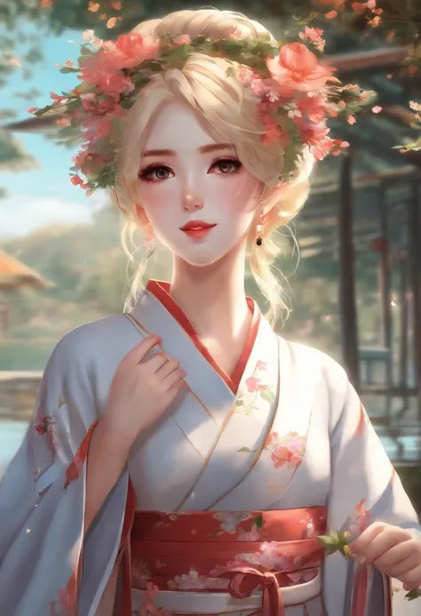 stunning 3D beautiful attractive anime girl with blonde hair with a beautiful flower crown on her head and japanese kimono dress, anime visual of a cute girl, best anime 8k konachan wallpaper, acrylic 3D paints, anime style 8 k, clean detailed anime art, d...