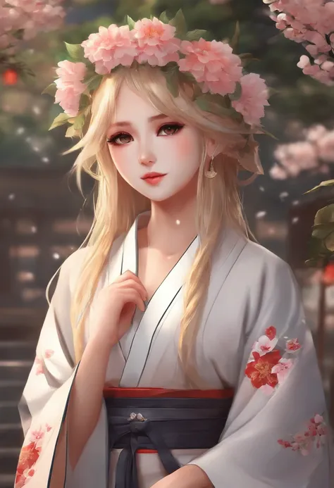 stunning 3D beautiful attractive anime girl with blonde hair with a beautiful flower crown on her head and japanese kimono dress, anime visual of a cute girl, best anime 8k konachan wallpaper, acrylic 3D paints, anime style 8 k, clean detailed anime art, d...