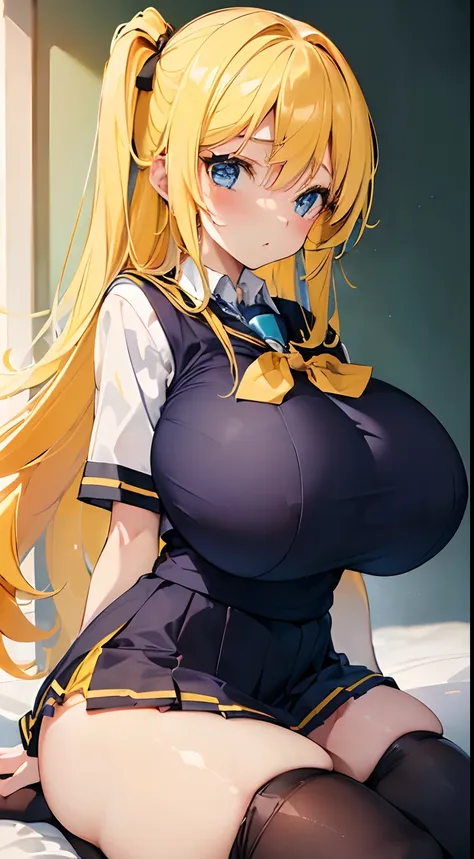 ((sexual turn, loli with gigantic breasts and gigantic bust and loli)), ((best quality:1.5)),blue eyes,((yellow hair and giganti...