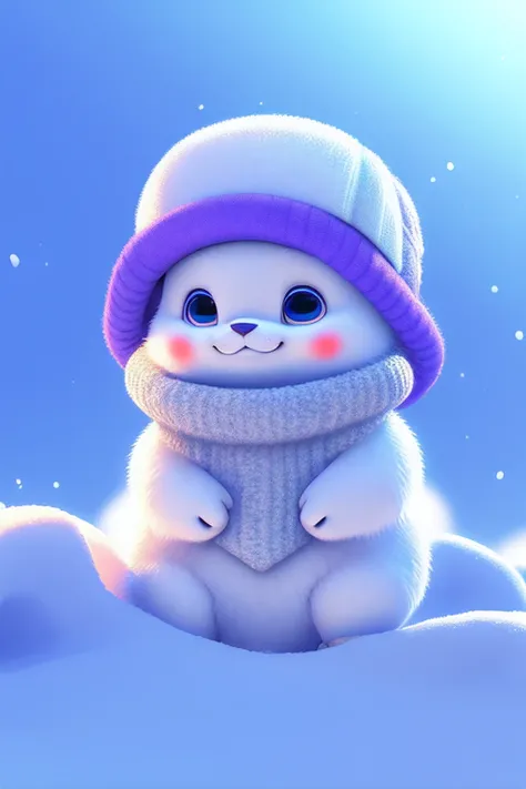 cute harp seal with fluffy fur wearing a snapback hat, lying flat down in snow, head and body covered in a pile of snow, snowing in the arctic, vivid colors, 3d render, bright lighting, vivid colors, grinning from ear to ear,