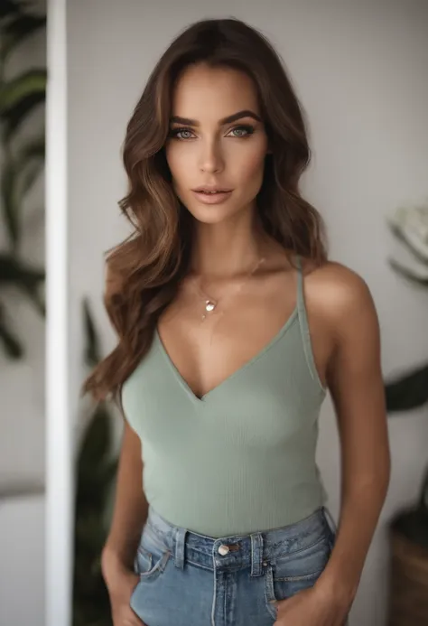 Arafed woman with a white tank top and necklace, fille sexy aux yeux verts, Portrait Sophie Mudd, cheveux bruns et grands yeux, selfie of a young woman, Yeux de chambre, Violet Myers, sans maquillage, maquillage naturel, looking straight at camera, Visage ...