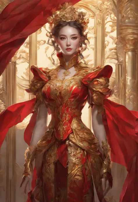 araffiction of a woman in a red and gold costume, a photorealistic painting by Russell Dongjun Lu, cgsociety contest winner, fantasy art, extremely detailed artgerm, ig model | artgerm, wlop and artgerm, artist artgerm i and wlop, artgerm. high detail, art...