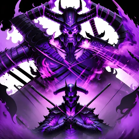 (purple reaper), (evil smile), (scythe), (purple samurai armor)