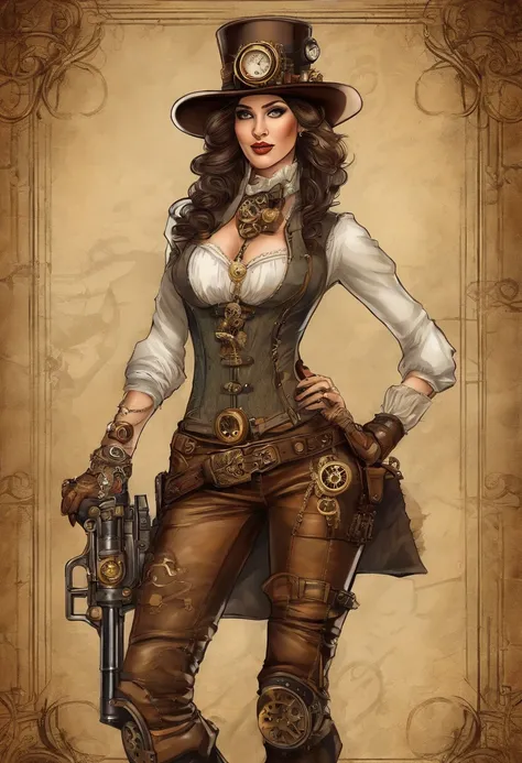 Theres a woman wearing a Steam Punk hat and holding a gun.., menina Steampunk, usando trajes Steampunk, menina inventora steampunk, (Steampunk), ( Steampunk ), estilo steampunk, Steam-punk, Steampunk Fiction, steampunk aesthetic, uma deusa Steampunk bonita...