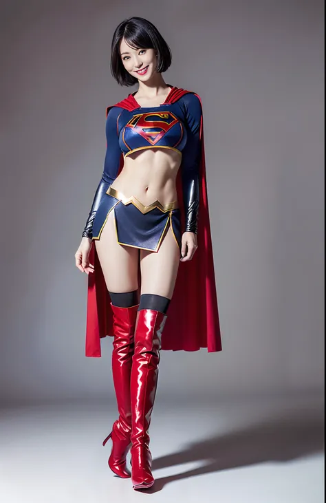 Be sure to wear black tights、(((Make the most of the original image)))、(((Supergirl Costume)))、(((shiny short hair)))、(((Suffering)))、(((Feet must necessarily be worn with black tights)))、(((Smile)))、(((You need to wear red boots)))、((Top image quality、8K)...