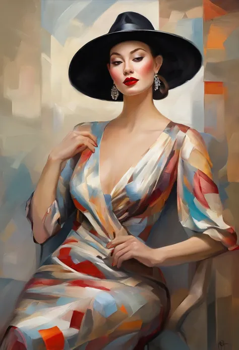 painting of a woman in a hat and dress with a red lip, an art deco painting inspired by Tamara de Lempicka, trending on cg society, figurative art, art deco portrait, elegant woman, elegant lady, art deco painting, woman with hat, georgy kurasov, in style ...