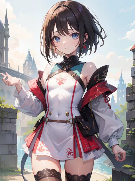 (Best quality, high quality:1.1), (masterpiece:1.1), High-Res, Fantasy anime, light brown skin tone, tanned skin, (loli, very young girl:1.2), adventurer, equipment, medieval clothes, very small breasts, flat chest, thigh highs, very happy, beautiful face,...