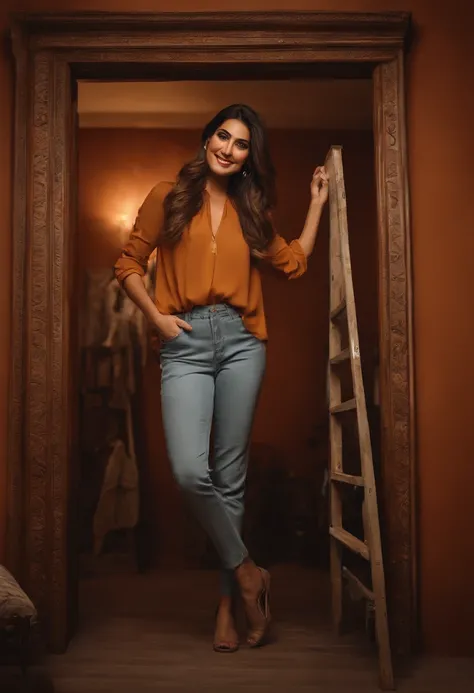 A young  turkish female interior designer standing on a ladder, painting a wall in a clients home. She is smiling and looking down at the client, who is standing nearby, holding a paint swatch. The image is in high definition and ultra realistic, with ever...