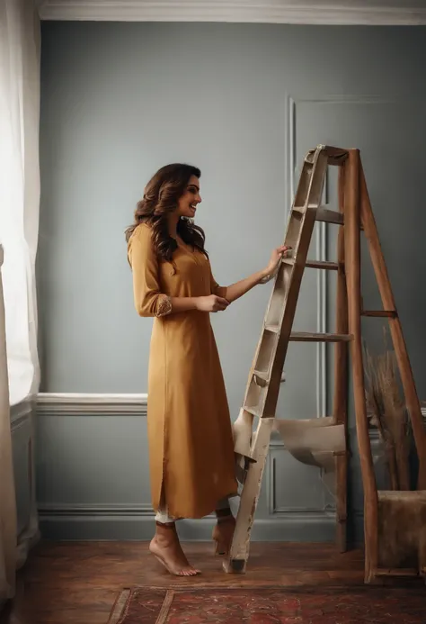 A young  turkish female interior designer standing on a ladder, painting a wall in a clients home. She is smiling and looking down at the client, who is standing nearby, holding a paint swatch. The image is in high definition and ultra realistic, with ever...