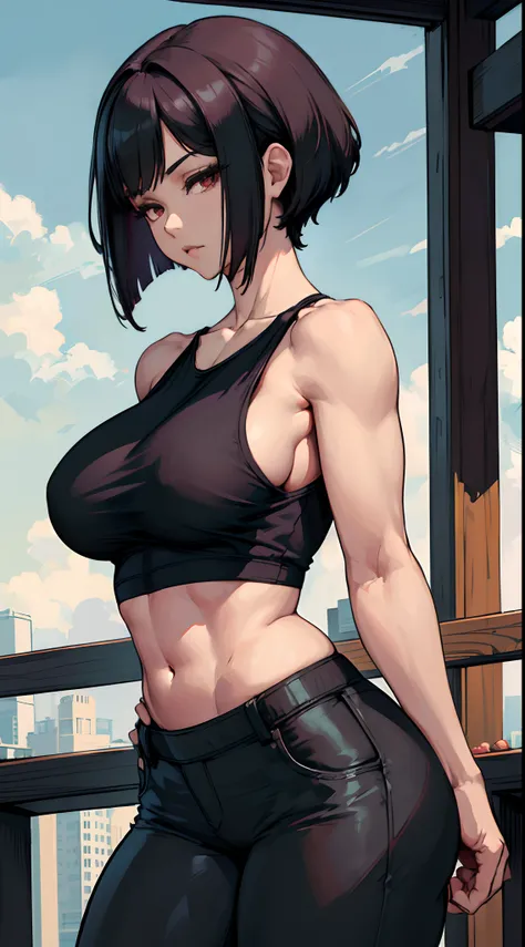 ((Best quality)), ((masterpiece)), (detailed: 1.4), beautiful woman, Asian, short black sleeveless t-shirt, black lag pants, black short hair with red locks, ink, (solo), realistic,((masterpiece)), (best quality), (detailed), (1 girl), large breasts, sexy,...