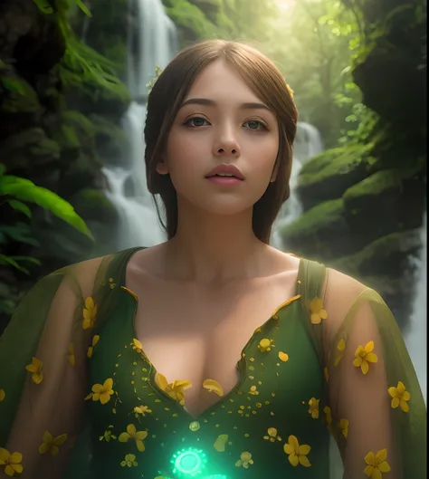 Waterfall conveys four adventurers natural fantasy landscape fairy green, golden ratio, animated detail, delicate, QuixelMegascans trend, perfect image, super high resolution, perfect composition, detailed, super color, (high detail skin: 1.2), 8k ultra hi...