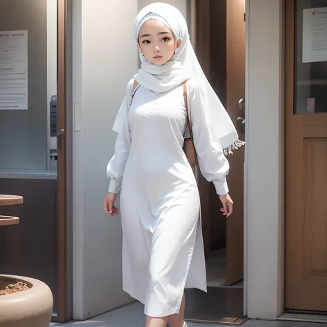 a girl wearing white hijab, asian girl, white shirt, full body