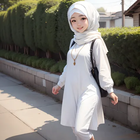 a girl wearing white hijab, asian girl, white shirt, full body , happy grill, joyful