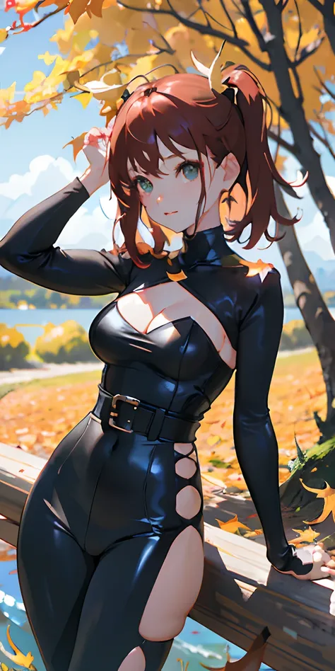 realisticlying、girl with、Outdoor Fashion、Autumn leaves Autumn leaves、Beautiful ginkgo tree、Slightly larger breasts with an emphasis on cleavage、Sexy Posing、Nature views