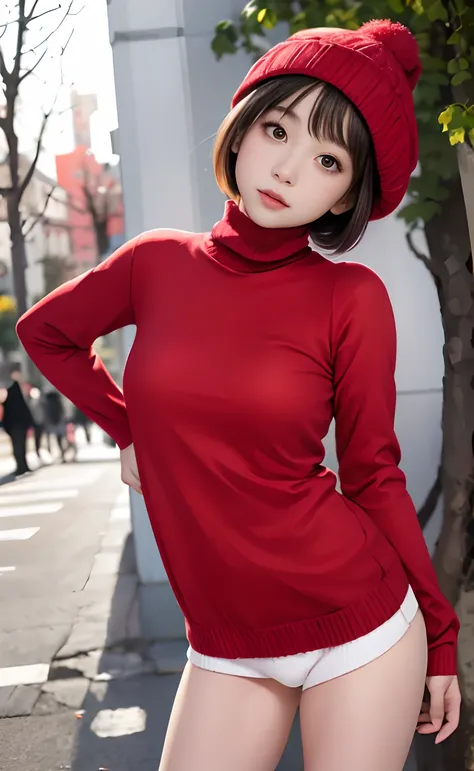 masutepiece:1.2, High quality, Best Quality, High resolution, Hyper realistic, girl with, a short bob，hair messy, Light gray eyes,Infinitely clear eyes，sixteen years old，High neck inner，Red knitted hat，muffler，Standing，Head tilt, Sunset, plein air，Autumn P...