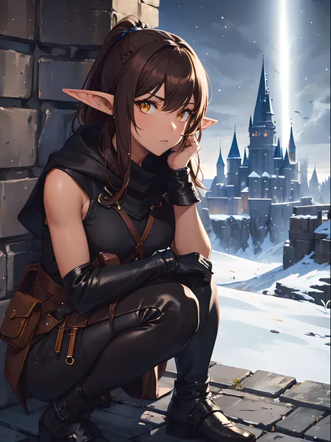 Close up, fantasy world, snow, medieval castle, night, woman, elf ears, dark tanned skin, yellow eyes, brown hair, ponytail, suspicious expression, black cowl hood, black leather outfit, sleeveless, pouch, pants, crouching