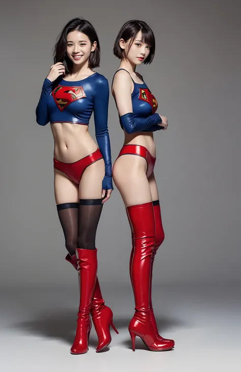 Be sure to wear black tights、(((Make the most of the original image)))、(((Supergirl Costume)))、(((shiny short hair)))、(((Suffering)))、(((Feet must necessarily be worn with black tights)))、(((Smile)))、(((You need to wear red boots)))、((Top image quality、8K)...