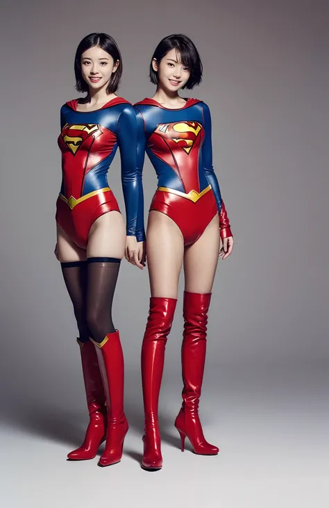 Be sure to wear black tights、(((Make the most of the original image)))、(((Supergirl Costume)))、(((shiny short hair)))、(((Suffering)))、(((Feet must necessarily be worn with black tights)))、(((Smile)))、(((You need to wear red boots)))、((Top image quality、8K)...