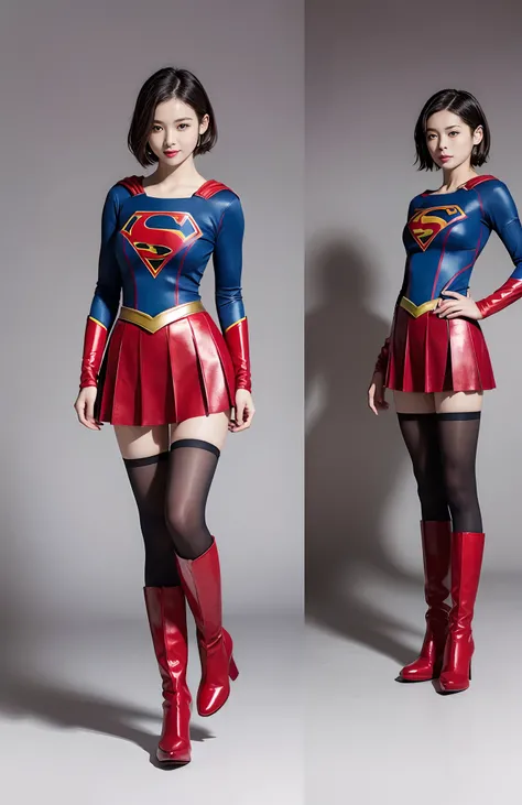 Be sure to wear black tights、(((Make the most of the original image)))、(((Supergirl Costume)))、(((shiny short hair)))、(((Suffering)))、(((Feet must necessarily be worn with black tights)))、(((Smile)))、(((You need to wear red boots)))、((Top image quality、8K)...