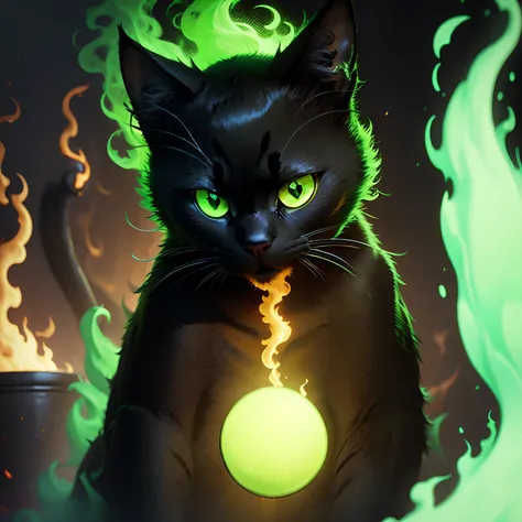 (black cat), (green fire)