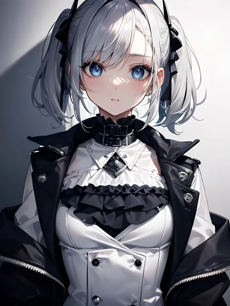 (masterpiece,best quality,ultra-detailed),1girl,white and silver and grey hair,short hair,short twintails,(messy hairstyle),gothic punk fashion, beautiful and detailed face, detailed eyes,(grey theme),looking at viewer,top,jacket,small chest,