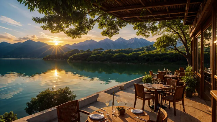 stunning scenery, surreal lighting, extremely extravagant lighting, vivid color, beautiful scenery, sun on the horizon, afternoon, vegetacion, luxurious restaurant on a lake