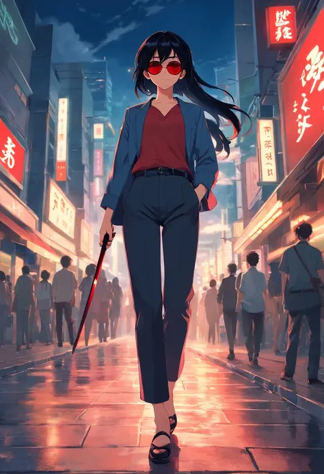 masterpiece, best quality, movie still, 1girl, cloud girl, long black hair, red sunglasses, bussiness outfit, long black pants, looking behind with a sassy grin, reddish light, night, in the city, carrying a katana on her shoulder