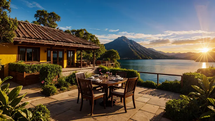 stunning scenery, surreal lighting, extremely extravagant lighting, vivid color, beautiful scenery, sun on the horizon, afternoon, vegetacion, natural, luxurious restaurant on a lake