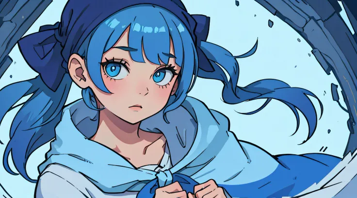 Girl with blue hair wrapped in a blanket and tied with a bow