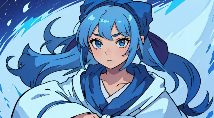 Girl with blue hair wrapped in a blanket and tied with a bow