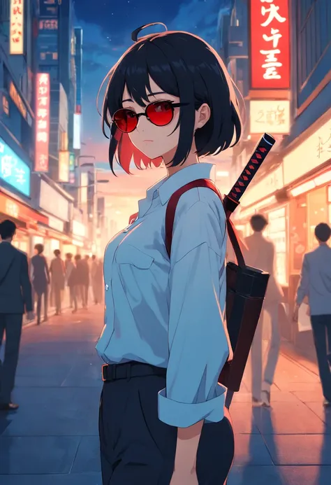 masterpiece, best quality, movie still, 1girl, cloud girl, long black hair, red round sunglasses, bussiness outfit, white shirt, long black pants, looking behind with a sassy grin, reddish light, night, in the city, carrying a katana on her shoulder